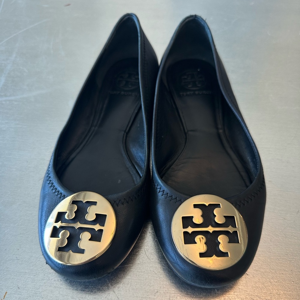 Tory Burch Reva Black/Gold Leather Ballet Flat